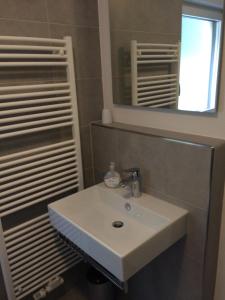 a bathroom with a white sink and a mirror at Haus Berta in Elbigenalp