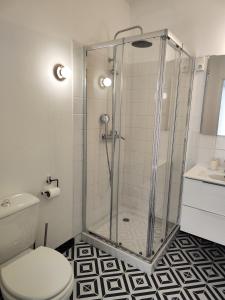 a bathroom with a shower with a toilet and a sink at LE SPORTING in Beaumont-sur-Lèze