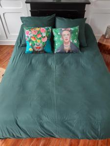 uma cama com lençóis verdes e duas almofadas em Amiens magnifique appartement Frida em Amiens