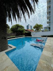 una piscina con tumbonas y una palmera en Summer Tower 102, en Punta del Este