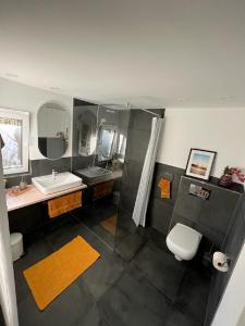 a bathroom with a sink and a shower and a toilet at Kustverhuur, Park Schoneveld, Zeester 49 in Breskens