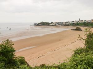 a sandy beach with a pier in the ocean at Gower View in Tenby