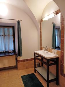 uma casa de banho com um lavatório e um espelho em Penzión pod kláštorom em Pezinok