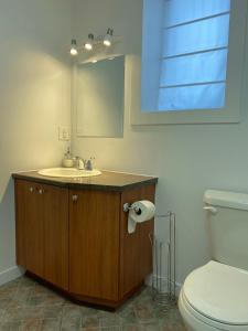 a bathroom with a sink and a toilet and a mirror at Condo En Quatre Temps in Beaupré