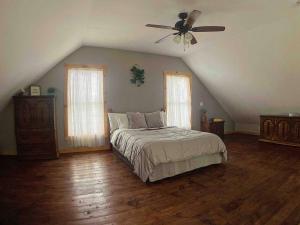 - une chambre avec un lit et un ventilateur de plafond dans l'établissement Cozy Burke Home, 