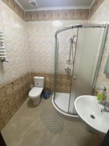 a bathroom with a shower and a toilet and a sink at Sun Lidia in Chernivtsi