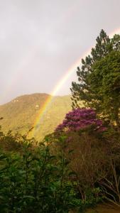 einen Regenbogen über einem Hügel mit Bäumen und lila Blumen in der Unterkunft Pousada Canto das Cachoeiras in Vale do Capao