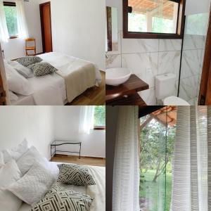 eine Collage mit Bildern eines Schlafzimmers mit einem Bett und einem Badezimmer in der Unterkunft Pousada Canto das Cachoeiras in Vale do Capao