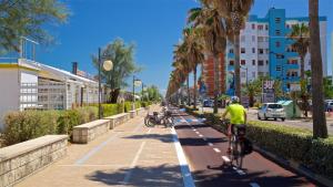 a man riding his bike down a street with palm trees at La Casetta in Montesilvano