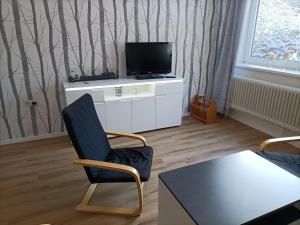 a living room with a chair and a television at Ferienwohnungen Untermühle, Rothenbergerstr. 12 in Altenau