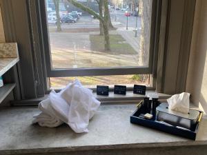 a window with a box of tissues sitting on a window sill at Harlow Hotel in Portland