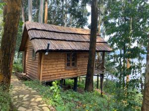 una pequeña cabaña de madera en medio de árboles en Itambira Island, Seeds of Hope en Chabahinga