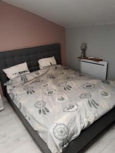 - une chambre avec un lit et une couverture dans l'établissement Maison de 3 chambres avec jardin amenage a Loches, à Loches