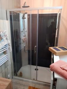 La salle de bains est pourvue d'une douche avec une porte en verre. dans l'établissement Maison de 3 chambres avec jardin amenage a Loches, à Loches
