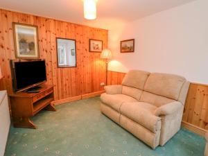 a living room with a chair and a television at Firkin Cottage in Bedale