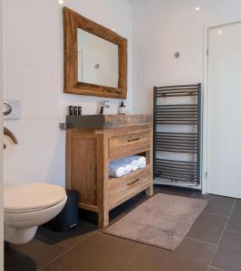 uma casa de banho com um lavatório, um WC e um espelho. em ApartHotel Trendy by Urban Home Stay em Alkmaar