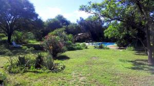 a garden with trees and a pool in the background at Cabaña Hannah in San Marcos Sierras