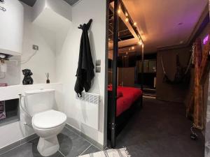 a bathroom with a toilet and a red bed at Les 50 nuances de rouge LOVEROOM in Souppes-sur-Loing