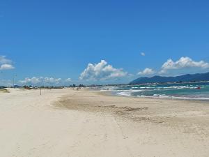 a sandy beach with the ocean in the background at Apartamento Descubra Palhoça - Pinheira in Palhoça