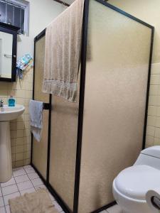 W łazience znajduje się prysznic, toaleta i umywalka. w obiekcie The Cozy Cactus House Cartago Centro English Spoke w mieście Cartago