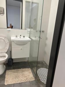 a bathroom with a toilet and a sink and a shower at Plaza Independencia in Mendoza +15 photos