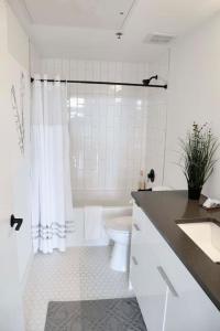 a white bathroom with a toilet and a shower at Stunning Downtown Penthouse w Roof Deck, Fire Pit, Free Parking in Austin
