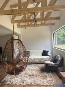 a living room with a rattan hanging hammock at VALDIVIA, Tralcao Lodge in Valdivia