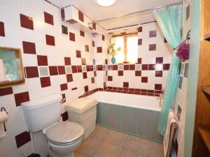 a bathroom with a toilet and a bath tub at Granite Country Cottage west of Penzance in Sancreed