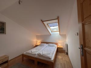 a bedroom with a bed with a skylight at HAnd Birtok in Siklós