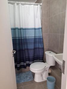 y baño con aseo y cortina de ducha. en Departamento Amoblado en Arica, en Arica