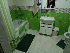 uma casa de banho verde com um lavatório, uma banheira e um WC em Гостинний двір у Ангеліни em Tatariv