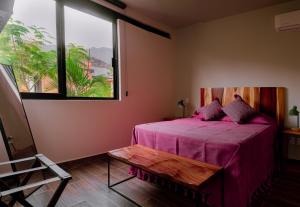 1 dormitorio con cama rosa y ventana en Casa 8 Maltas, en Ajijic
