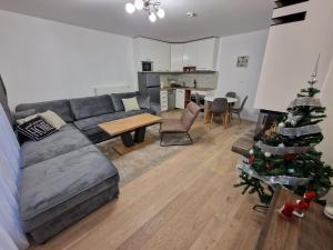 a living room with a couch and a christmas tree at Olimpijska kuća A307 in Jahorina +3 photos