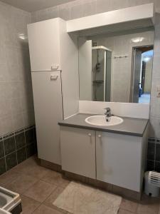 een badkamer met een wastafel en een spiegel bij Mas des Rompides in Maillane