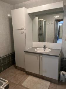 une salle de bain avec un lavabo et un miroir dans l'établissement Mas des Rompides, à Maillane 11 autres photos