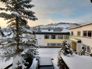 einen schneebedeckten Hof mit einem Haus und einem Baum in der Unterkunft Berghotel Natura Bed & Breakfast in Winterberg