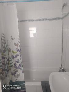 y baño con cortina de ducha y aseo. en Torres Los Cristianos, en Arona