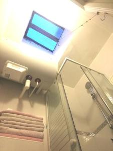 a bathroom with a skylight and a shower and towels at Studio pied du métro Neuilly Paris La Défense pour 3 maxi in Neuilly-sur-Seine +20 photos