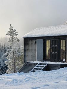 a house in the snow with snow at Ragnar Glamp Milzkalne Lux in Rauda