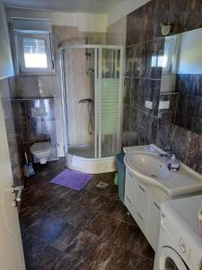 a bathroom with a shower and a sink and a toilet at Apartments Lipić in Posedarje +35 photos