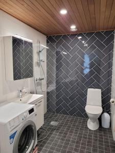 een badkamer met een toilet en een wasmachine bij Levinlaita in Levi