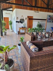 a living room with a couch and some plants at POUSADA Chacara ENTRE NÓS in Holambra
