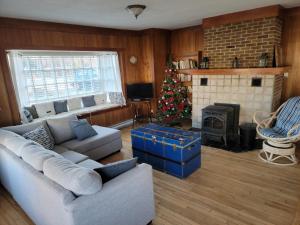 una sala de estar con un árbol de Navidad y un sofá en Maison du bord du fleuve à 5 min du centre ville en Rimouski