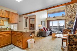 uma cozinha e sala de estar com um sofá e uma mesa em Buffalo Village 402 em Silverthorne