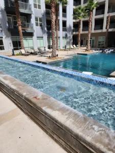a swimming pool in front of a building with palm trees at Studio Apartment - San Antonio Southtown in San Antonio