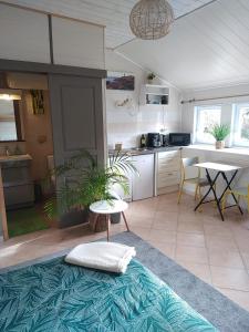 eine Küche und ein Esszimmer mit einem Tisch und einem Sofa in der Unterkunft Studio 2 personnes Bannalec in Bannalec