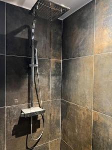 ein Bad mit einer Dusche mit einem Duschkopf in der Unterkunft Grange Luxe rénovée plein centre in Arsac