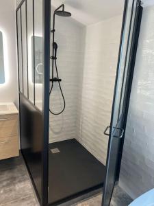 een douche met een glazen deur in de badkamer bij Grange Luxe rénovée plein centre in Arsac