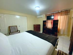 金斯敦的住宿－Russell Heights Vacation Home，卧室配有白色的床和椅子