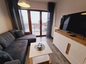 a living room with a couch and a flat screen tv at Apartament E5 Karpatia - 5D Apartamenty in Karpacz